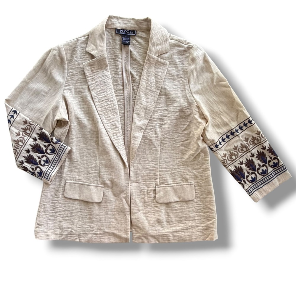 NYCC Women's S Tan Western Floral Embroidered Cuff Open Front Blazer Jacket Boho